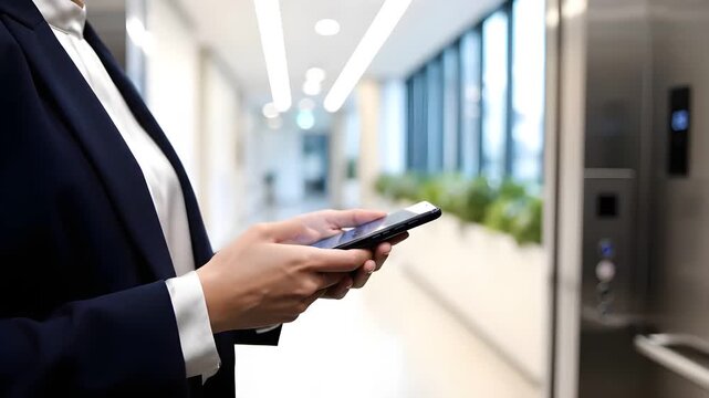 Businesswoman using smartphone in an office elevator, perfect for corporate video, business marketing, and website hero header