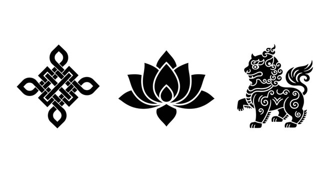 Tibetan Knot, Lotus Flower, and Foo Dog Symbols - Black and White Icons