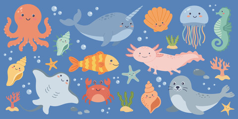 Cute sea creatures collection with octopus, whale, axolotl and seal, kawaii ocean animals vector set © Nadiia Lehkobyt