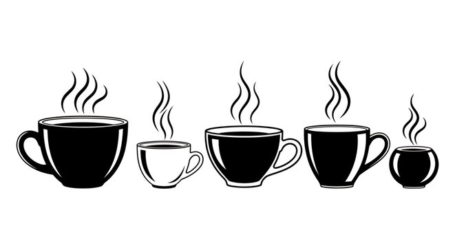 Multiple steaming coffee cups arranged in a row, creating a warm morning beverage scene.