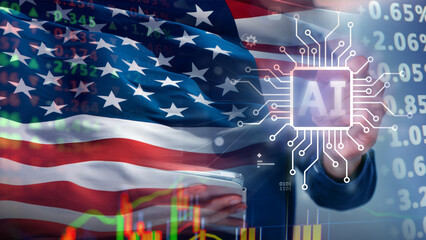 Rapid growth in the US artificial intelligence sector drives financial market momentum. The American flag is superimposed on a digital AI microchip processor and financial market data.  © le