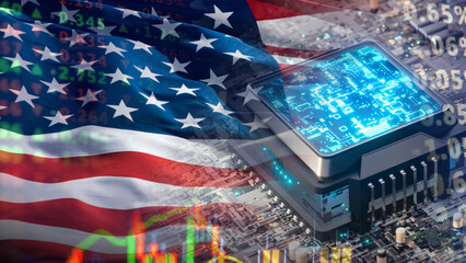 A computer processor chip stands overlaid on the U.S. flag and financial figures. It illustrates the critical dependency of national infrastructure and finance on semiconductor technology.  © le
