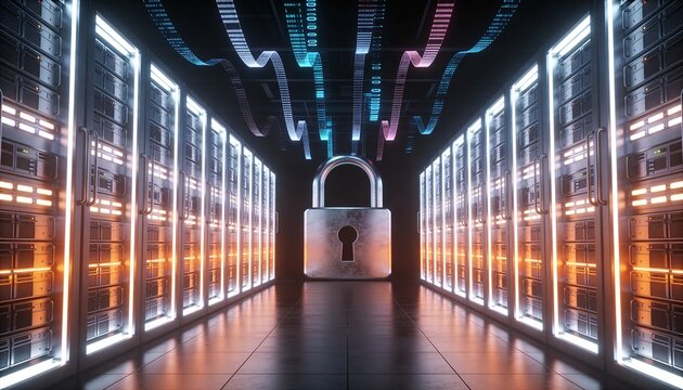 Minimalist 3D render wide-angle corridor of glowing server racks converging to a vanishing point with giant central padlock, floating ceiling data stream ribbons, dark atmospheric futuristic backgroun