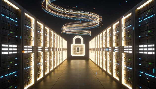 Minimalist 3D render wide-angle corridor of glowing server racks converging to a vanishing point with giant central padlock, floating ceiling data stream ribbons, dark atmospheric futuristic backgroun