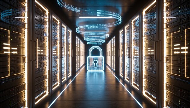 Minimalist 3D render wide-angle corridor of glowing server racks converging to a vanishing point with giant central padlock, floating ceiling data stream ribbons, dark atmospheric futuristic backgroun