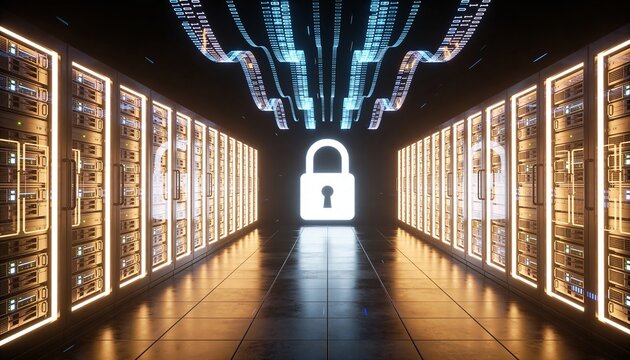 Minimalist 3D render wide-angle corridor of glowing server racks converging to a vanishing point with giant central padlock, floating ceiling data stream ribbons, dark atmospheric futuristic backgroun