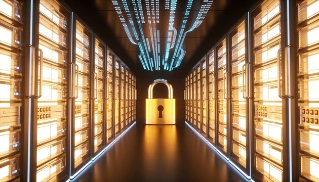 Minimalist 3D render wide-angle corridor of glowing server racks converging to a vanishing point with giant central padlock, floating ceiling data stream ribbons, dark atmospheric futuristic backgroun