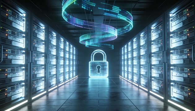 Minimalist 3D render wide-angle corridor of glowing server racks converging to a vanishing point with giant central padlock, floating ceiling data stream ribbons, dark atmospheric futuristic backgroun