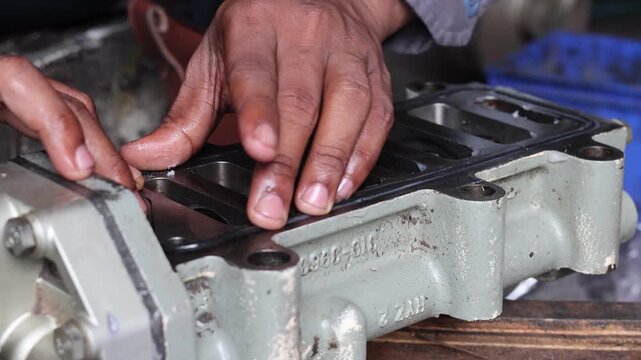 A close-up view of a mechanic's hands precisely aligning a black rubber gasket onto a heavy-duty metal engine part during a maintenance procedure in a workshop.