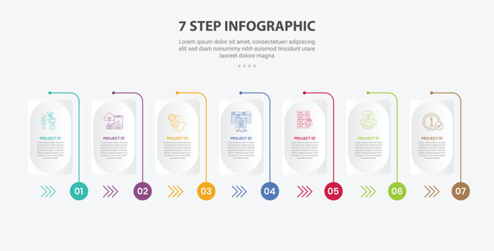 7 points template infographic outline style with 7 point stage or step template with round box container with line pointer standing and triple arrow line for slide presentation