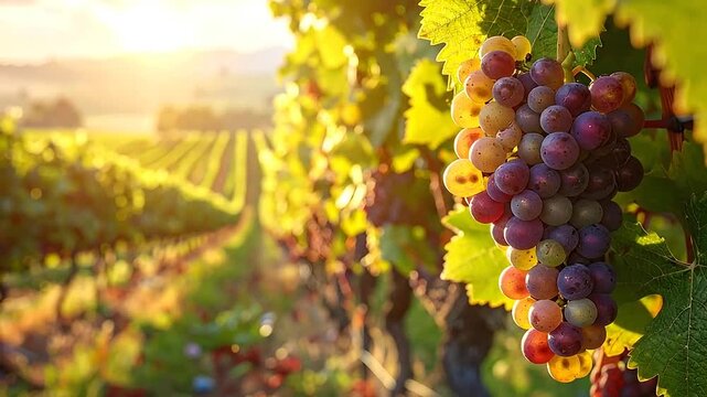 Sunlit vineyard rows with ripe grapes ready for harvest in the golden hour