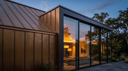 Fototapeta premium Sleek metallic standing seam roof featuring a modern house exterior with large glass windows, representing contemporary architecture, luxury, and durable metal