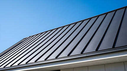 Fototapeta premium Sleek metallic standing seam roof featuring dark gray panels against a clear blue sky, representing modern architecture, durability, and contemporary design.