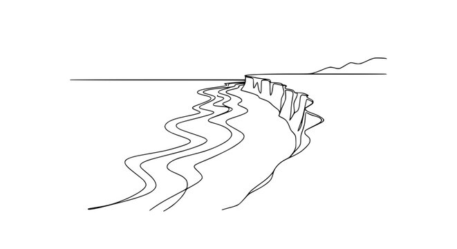 Abstract Line Art Landscape: Winding River Canyon with Distant Mountains