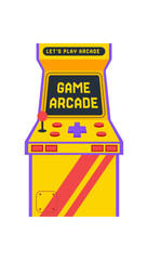 Retro arcade machine in flat cartoon graphic style with bright screen offers classic game entertainment for every player. Electronic joystick and gamepad add video game charm, perfect as a digital © Moonnoon