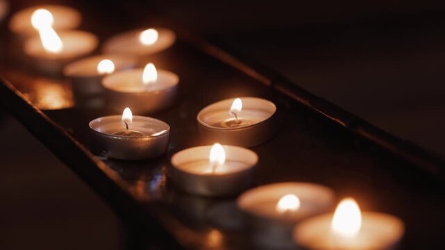 Warm candlelight in dark interior, close up of burning tea light candles on metal tray, soft flickering flames creating cozy romantic atmosphere, shallow depth of field and bokeh background