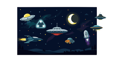 Fototapeta premium Night sky with multiple UFOs and starry background for World UFO Day 