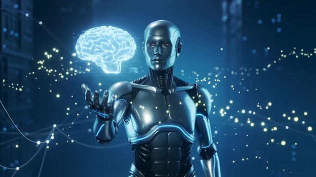 Futuristic AI Robot Holding Digital Human Brain Hologram