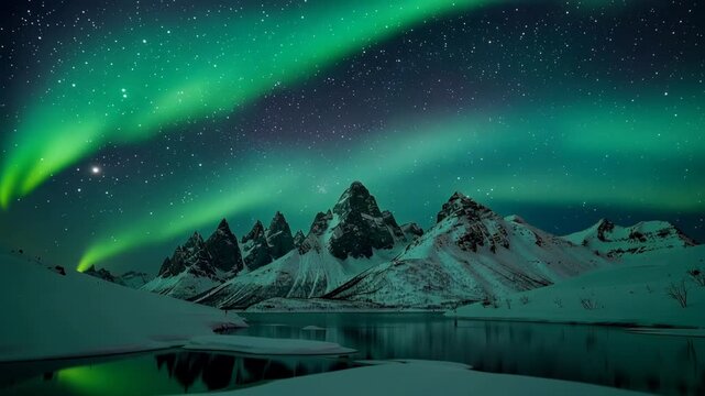 Mesmerizing night sky with vibrant auroras dancing above starry landscape illuminating nature