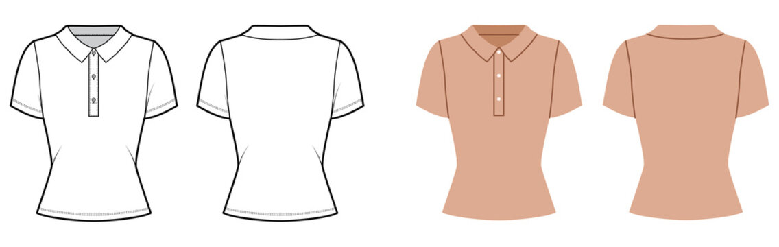 Fitted polo shirt with structured collar, button placket short sleeves with shaped silhouette and refined seams. Technical fashion illustration in black white and color, front and back views. Vector