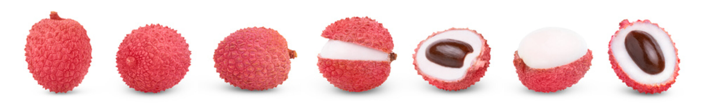 Juicy pink lychee and half of lychee with seed and peeled half of lychee isolate collection.