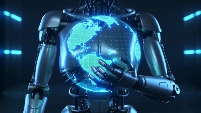 Future Technology Robot Holding Digital Earth Interface