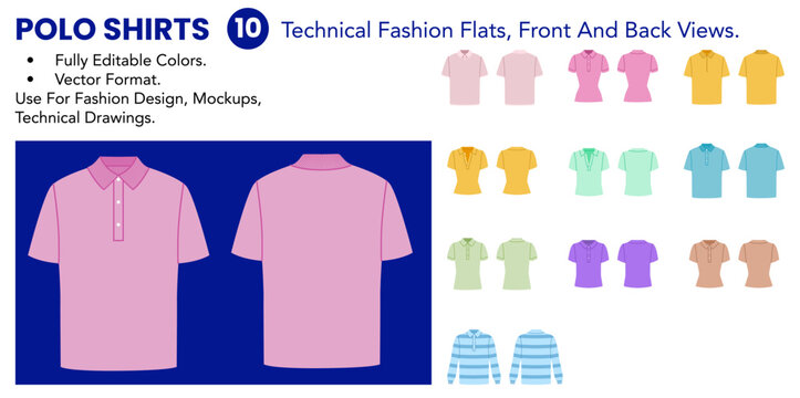 Polo Shirts collection includes editable technical fashion flats with front and back views, color versions, collar details and button plackets for sporty apparel. Vector illustration