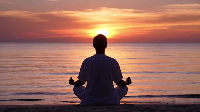 Serene man meditating on a beach at sunset, finding inner peace and tranquility in nature