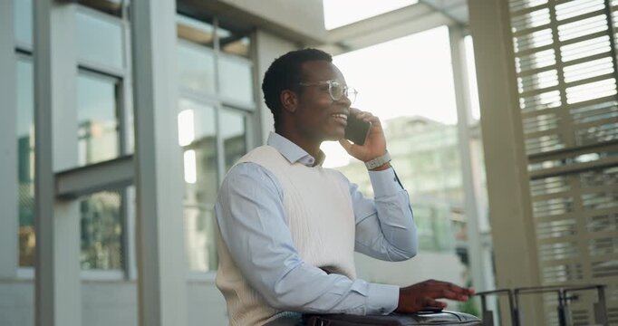 Phone call, bus stop and smile with business black man in city for travel schedule, communication and chat. Location update, appointment and connection with person and mobile outdoor for contact