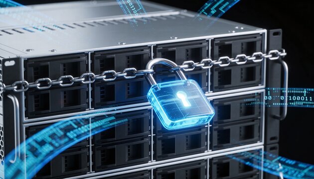 Clean high-detail 3D render &mdash; sleek server rack locked by a luminous electric blue padlock, floating encrypted data stream ribbons, dark futuristic environment, bright digital colors, no text or logos