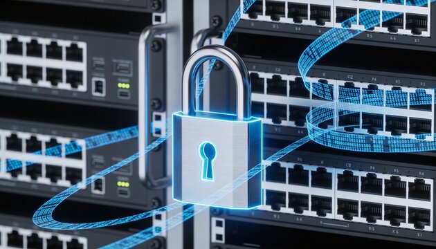 Clean high-detail 3D render &mdash; sleek server rack locked by a luminous electric blue padlock, floating encrypted data stream ribbons, dark futuristic environment, bright digital colors, no text or logos