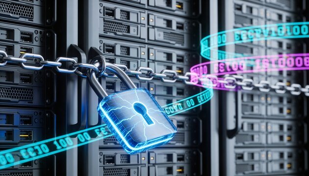 Clean high-detail 3D render &mdash; sleek server rack locked by a luminous electric blue padlock, floating encrypted data stream ribbons, dark futuristic environment, bright digital colors, no text or logos