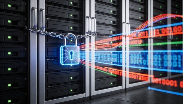Clean high-detail 3D render &mdash; sleek server rack locked by a luminous electric blue padlock, floating encrypted data stream ribbons, dark futuristic environment, bright digital colors, no text or logos