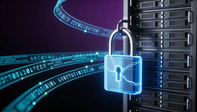 Clean high-detail 3D render &mdash; sleek server rack locked by a luminous electric blue padlock, floating encrypted data stream ribbons, dark futuristic environment, bright digital colors, no text or logos
