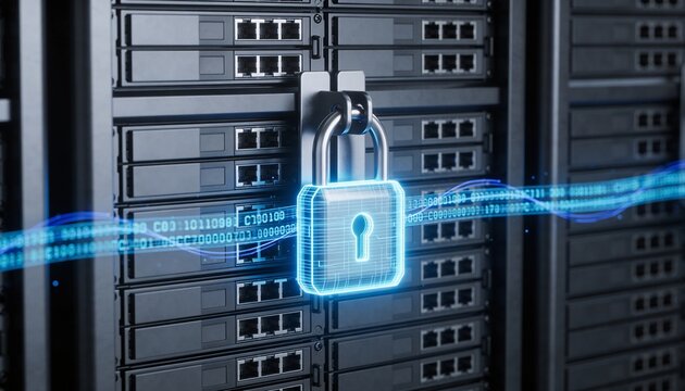 Clean high-detail 3D render &mdash; sleek server rack locked by a luminous electric blue padlock, floating encrypted data stream ribbons, dark futuristic environment, bright digital colors, no text or logos