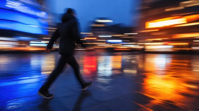A cinematic widescreen shot of a solitary person walking through a bustling urban cityscape at twilight, featuring vibrant motion blur effects and glowing reflections on a wet street pavement surface.