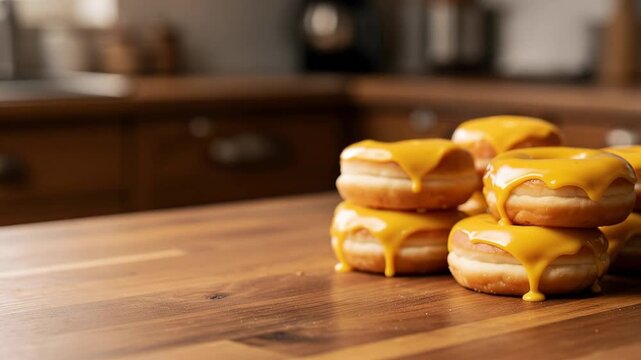 Hand reaching for shiny red apple on wooden table next to stack of glazed donuts fresh healthy snack
