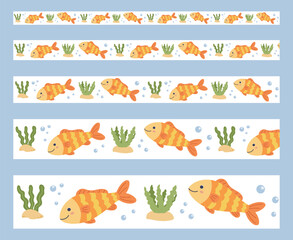 Obraz premium Cute sea borders set with gold fish, seaweed, and water bubbles. Seamless ribbon patterns with marine life in flat vector style.