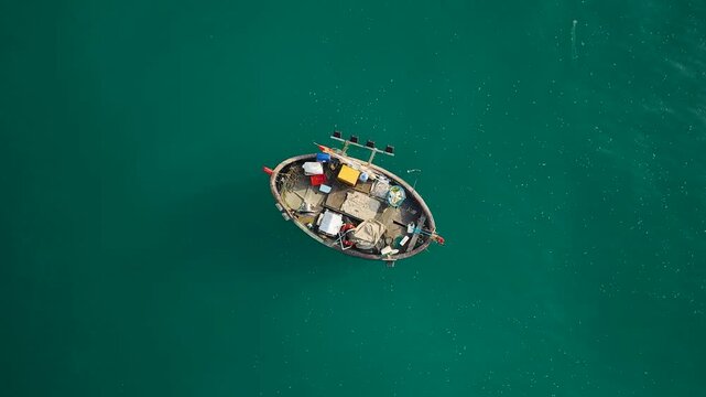Aerial Video Boat Floating in Clear Water in Danang Vietnam