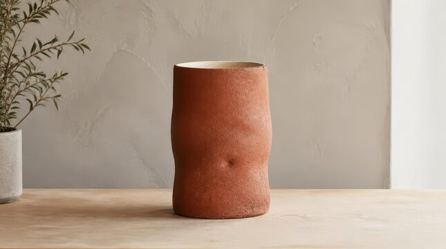 Rustic terracotta stoneware vase with an organic handcrafted texture sits on a wooden surface, cinematic widescreen presentation of modern minimalist interior decor design, elegant and timeless.