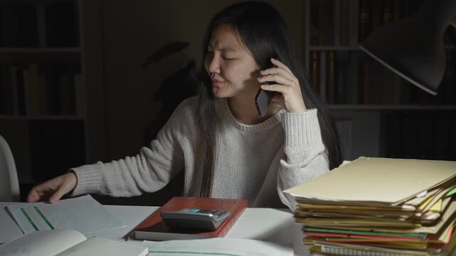 Woman phone to ear presses calculator and sorts paper files under desk lamp, student studying with folders at desk in building; stress deadline.