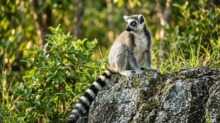 Fototapeta premium Lemur Sitting on a Rock in a Lush Forest Setting