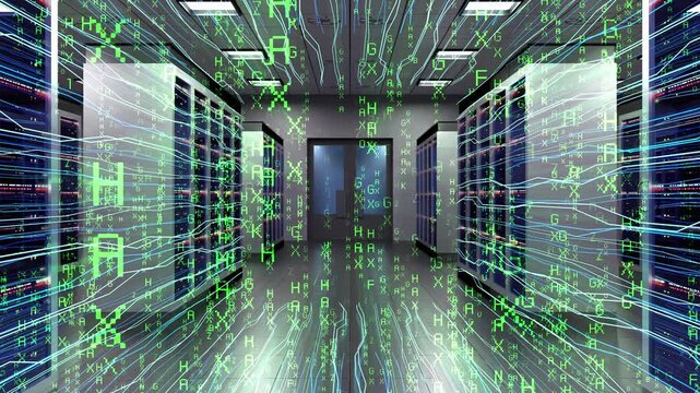 Data Center Server Room with Encryption Speeding Letters and Fiber Optic Lines - 3d 4k animation (3840 x 2160 px)