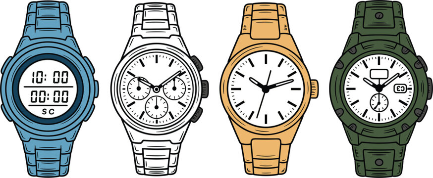 Set of four different wristwatches featuring metal link bands and various dial design styles