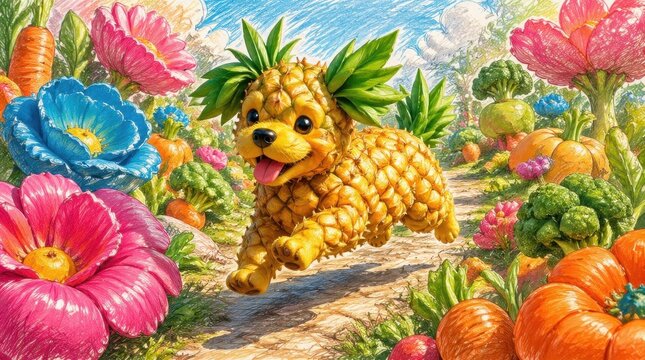 A vibrantly colorful and imaginative illustration of a cute pineapple puppy running through a whimsical garden landscape filled with oversized exotic fruits and large blooming vibrant flowers.