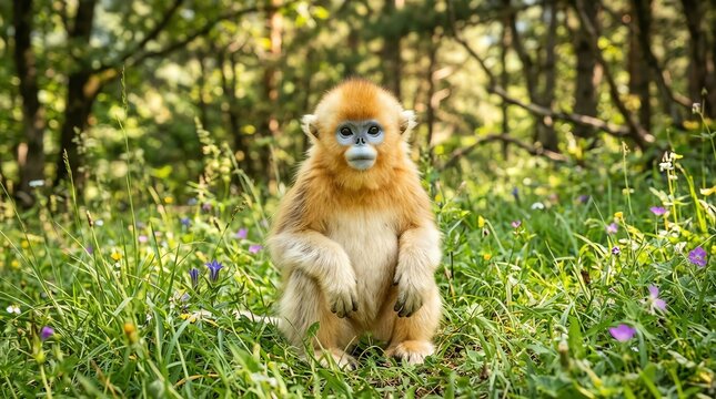 Cute Golden Snub nosed Monkey Sitting in a Flourishing Green Forest