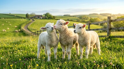 Fototapeta premium Cute Sheep Lambs Nuzzling in Green Field Under Warm Sunset Light