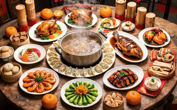 Steamy hot pot surrounded by diverse Chinese dishes on a festive
