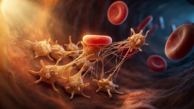 Platelet aggregation forming a blood clot and trapping a red blood cell inside a flowing blood vessel lumen