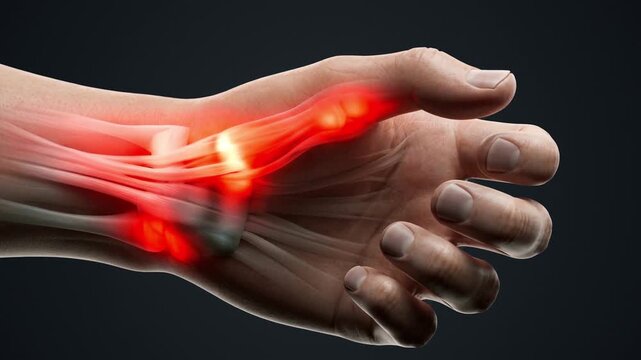 Human hand rotating with highlighted wrist nerve pain and tendon anatomy showing carpal tunnel inflammation